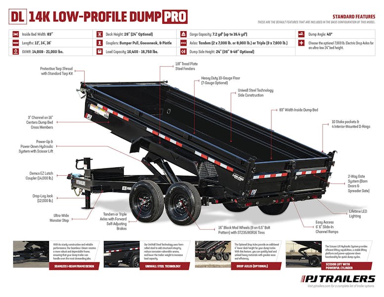 PJ Trailers 16ftx83in Low Pro Dump Trailer w  2ft Sides  DL