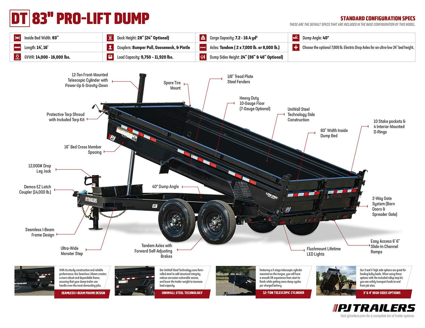 PJ Trailers 14'x83" Telescopic Dump Trailer w/ 2' Sides (DT) - Image 32