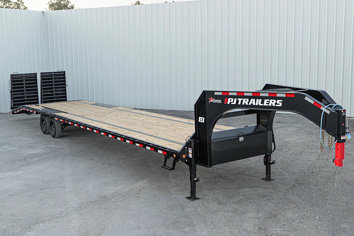 PJ Trailers 40'x102" 18k Gooseneck Flatbed Trailer w/ Singles (LX) - Stock #91286 - Image 1 of 27 PJ Trailers 40'x102" 18k Gooseneck Flatbed Trailer w/ Singles (LX) - Stock #91286 - Image 1 of 27
